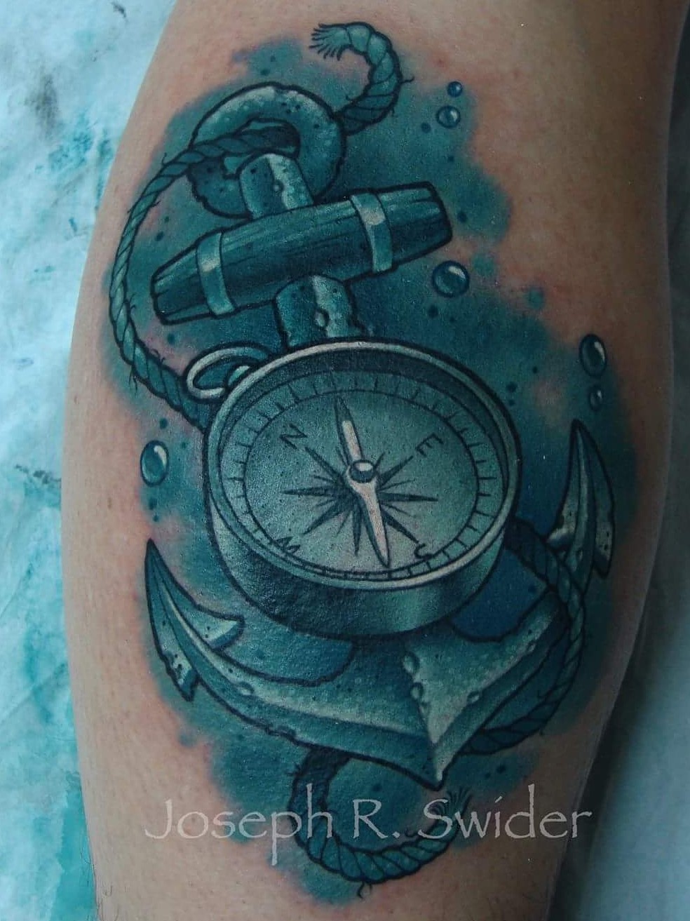 Anchor and Compass Tattoo done by Cracker Joe Swider in CT